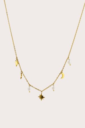 Minimalistinis kaklo papuošalas su perlais, žvaigde ir mėnuliais