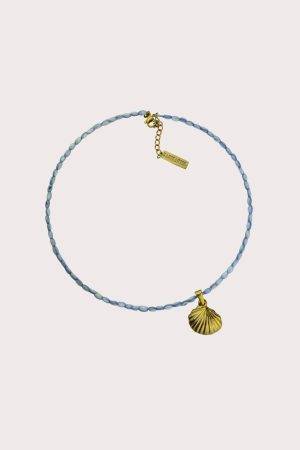 Žydros spalvos minimalistinis kaklo papuošalas / choker su auksine kriaukle | lemonade kolekcija
