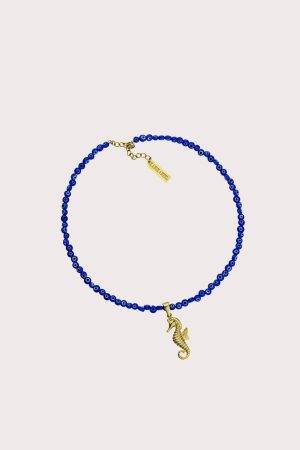 Ryškus mėlynas evil eye kaklo papuošalas / choker su jūros arkliuku | lemonade kolekcija