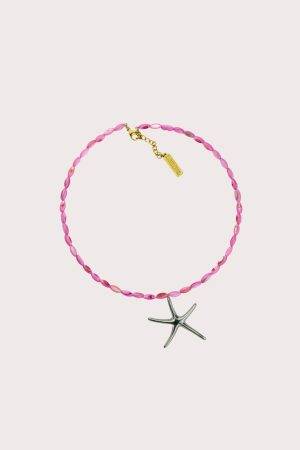Minimalistinis rožinės kriauklės kaklo papuošalas / choker su sidabrine jūros žvaigžde | lemonade kolekcija