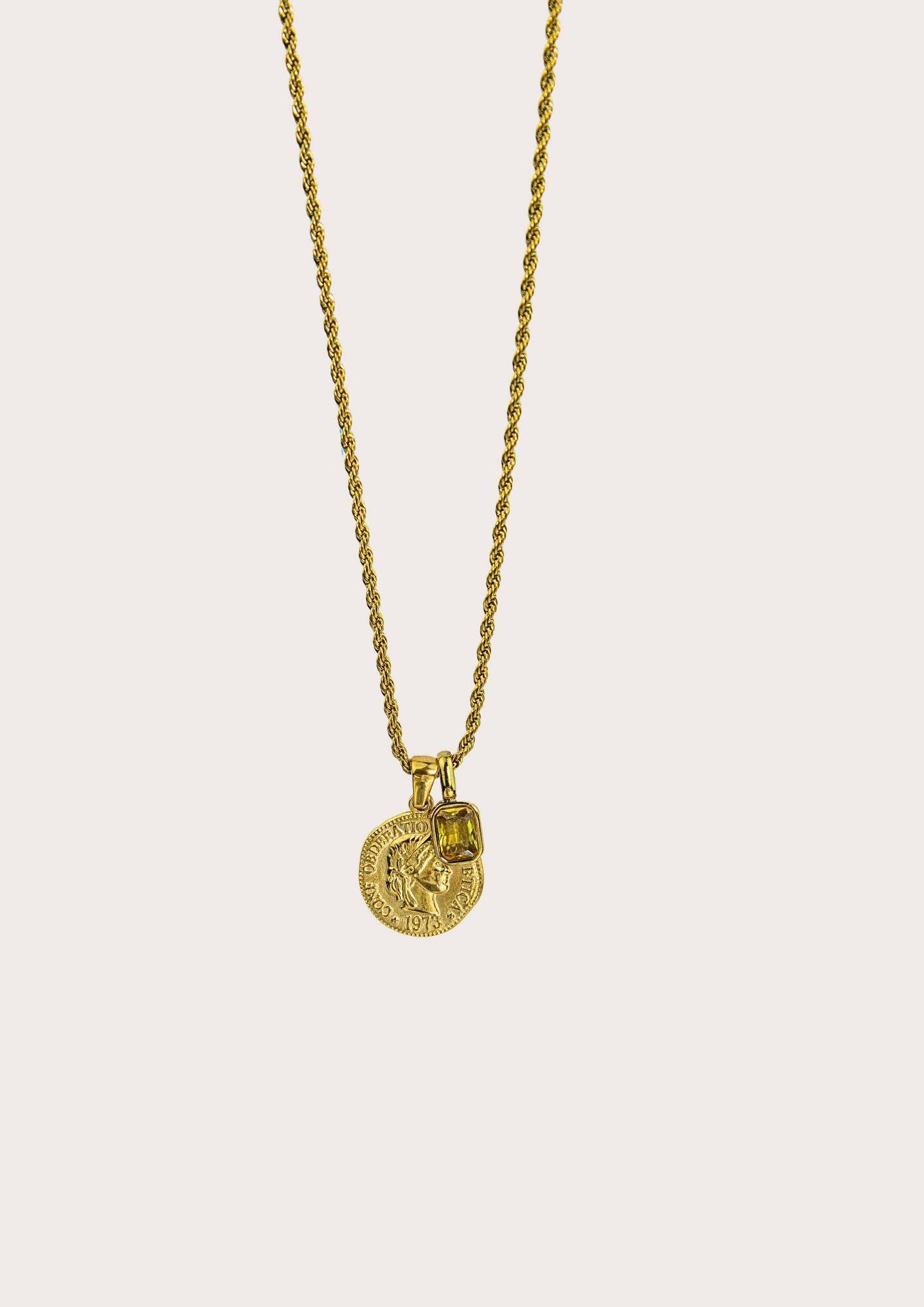 37 Coin + tamsiai geltonas medalionas su ilgesne vintage grandinėle